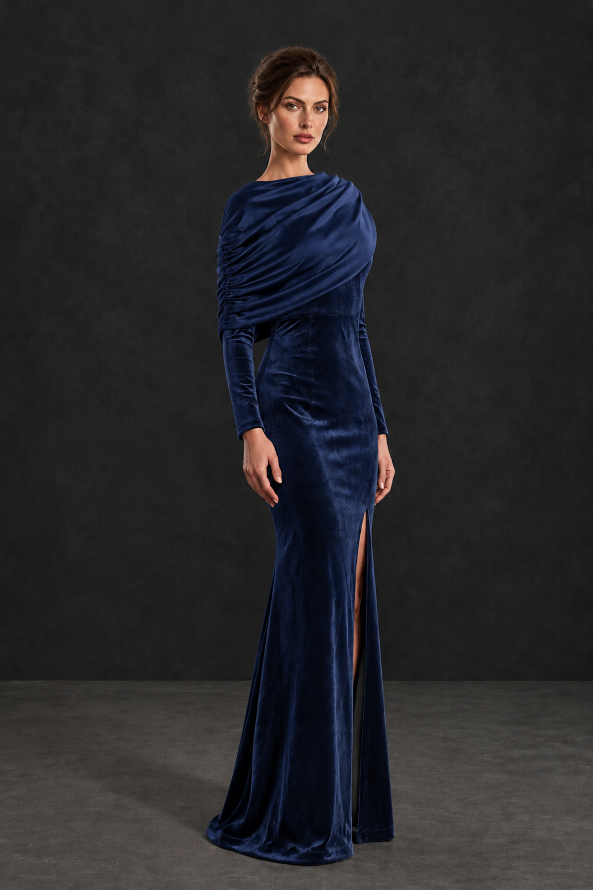 BOLODOO Navy Blue Velvet Long Sleeve Draped Mother of the Bride Dress - Navy Blue - Navy_Blue_3