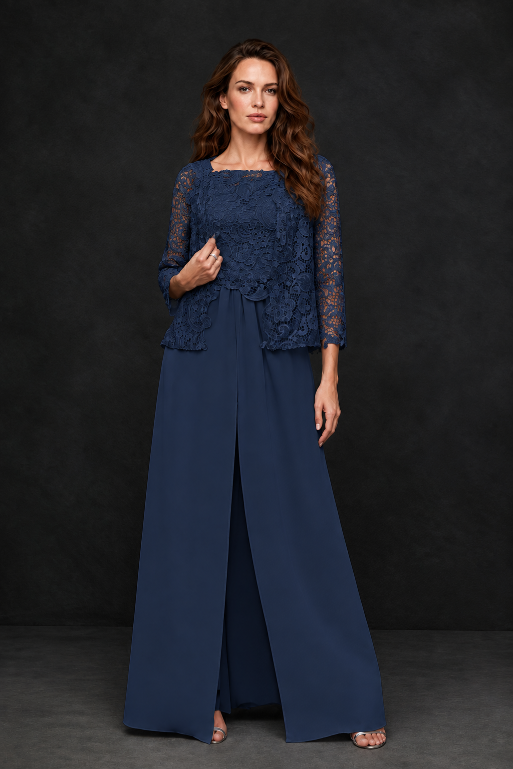 BOLODOO Navy Blue Grey Lace Peplum Top & Wide-Leg Chiffon Pants Set | Mother of the Bride & Formal Evening Outfit - Navy Blue