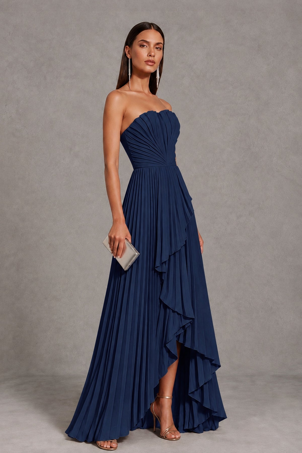Navy Blue Strapless Pleated High-Low Evening Gown with Ruffle Hem - Navy Blue