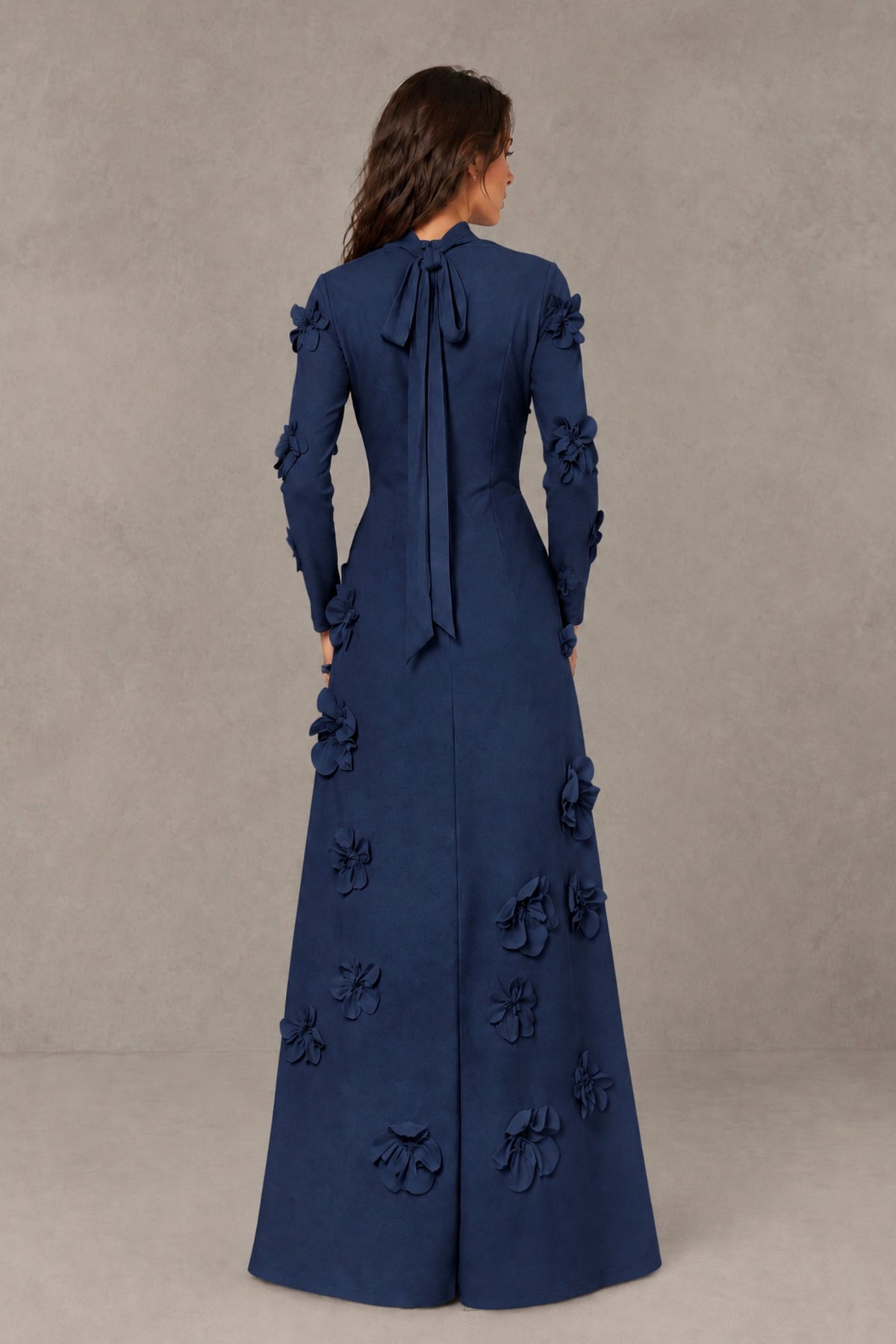 BOLODOO Navy Blue High Neck Long Sleeve 3D Floral Evening Gown - Navy Blue