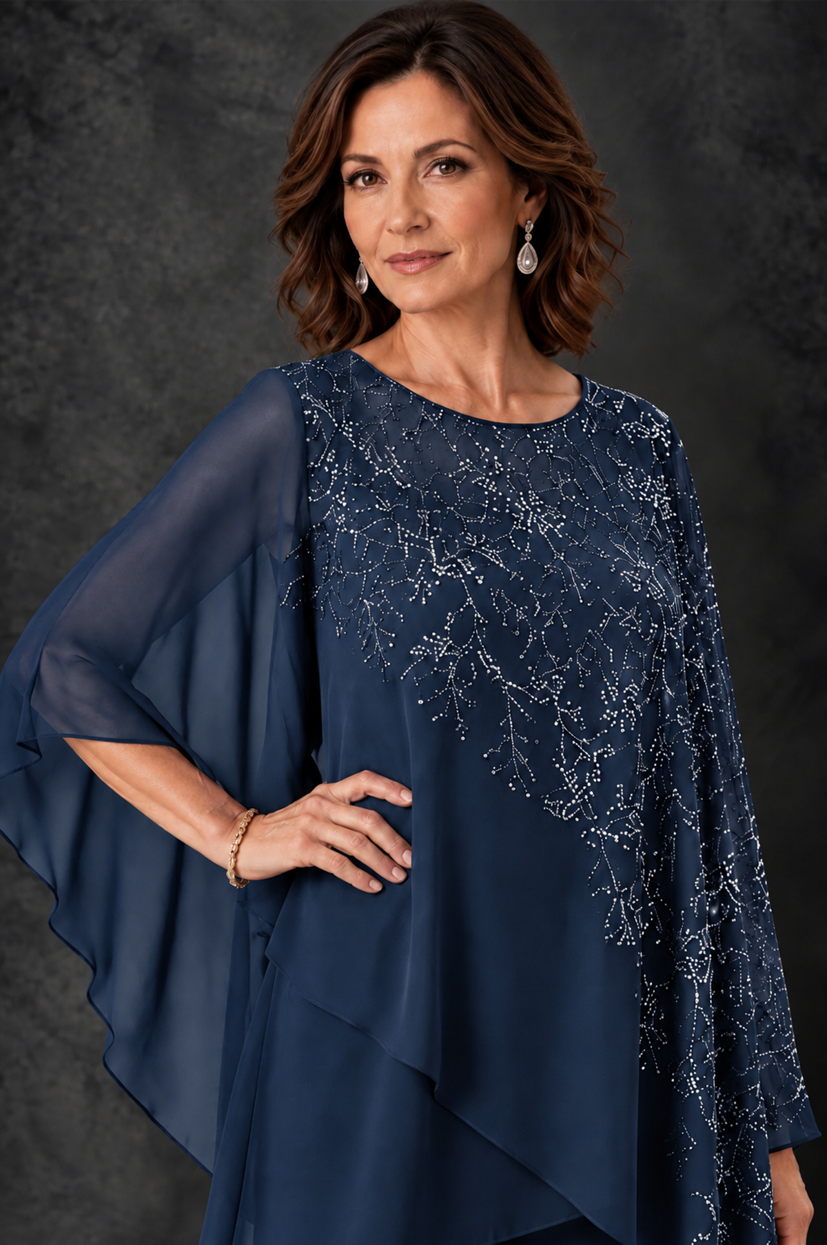 BOLODOO Navy Blue Embellished Cape Pant Suit for Mother of the Bride - Navy Blue - Navy_Blue_3