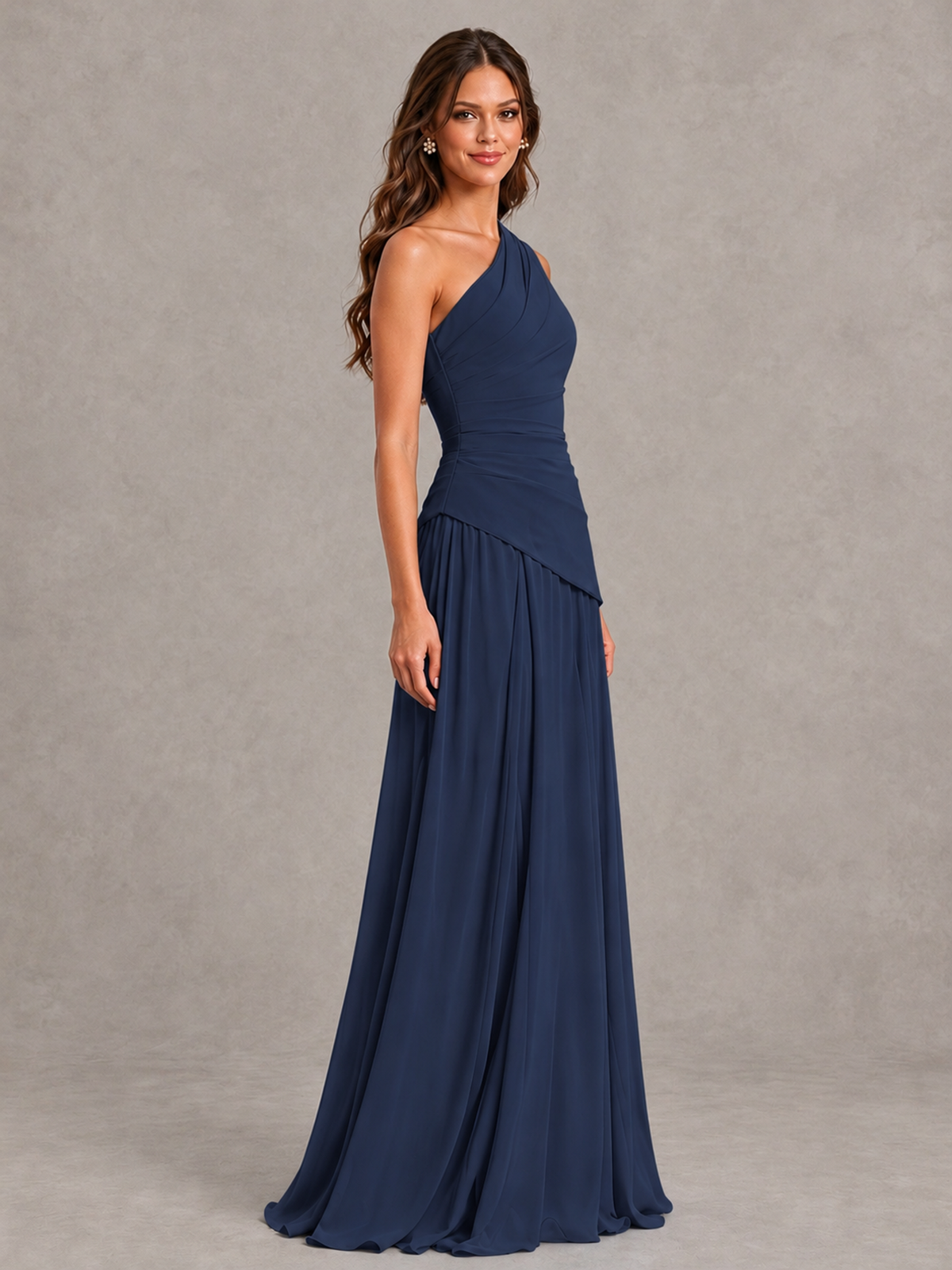 BOLODOO Navy Blue One-Shoulder Lace-Up Back Bridesmaid Dress - Navy Blue - Navy Blue_3