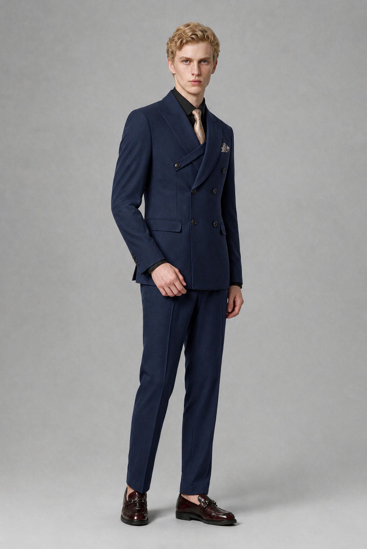 BOLODOO Men's Navy Blue Double-Breasted Two-Piece Suit – Jacket & Trousers - Navy Blue