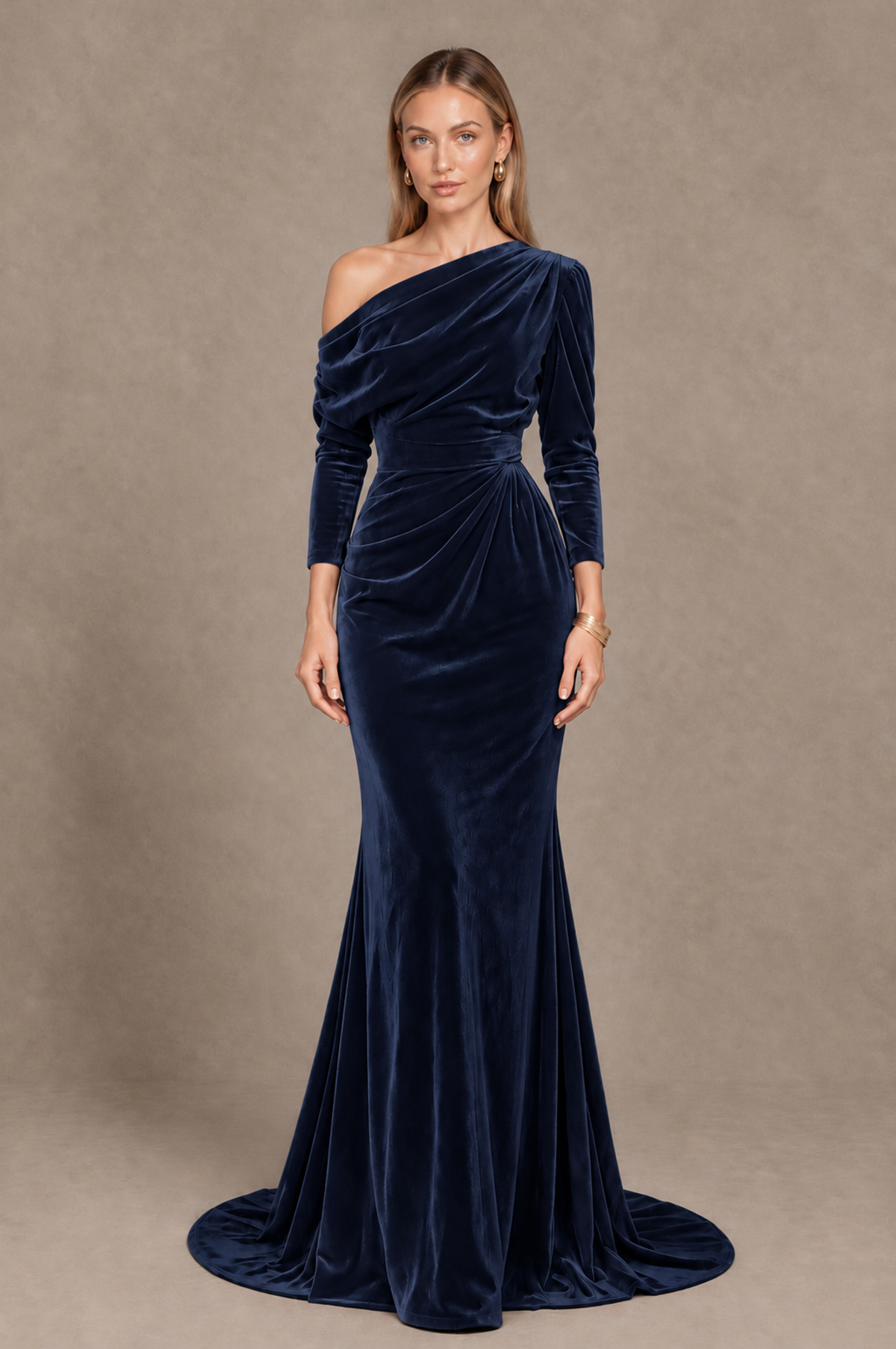 BOLODOO Navy Blue Velvet Asymmetric Neck Mermaid Evening Dress - Navy Blue - Navy_Blue_3