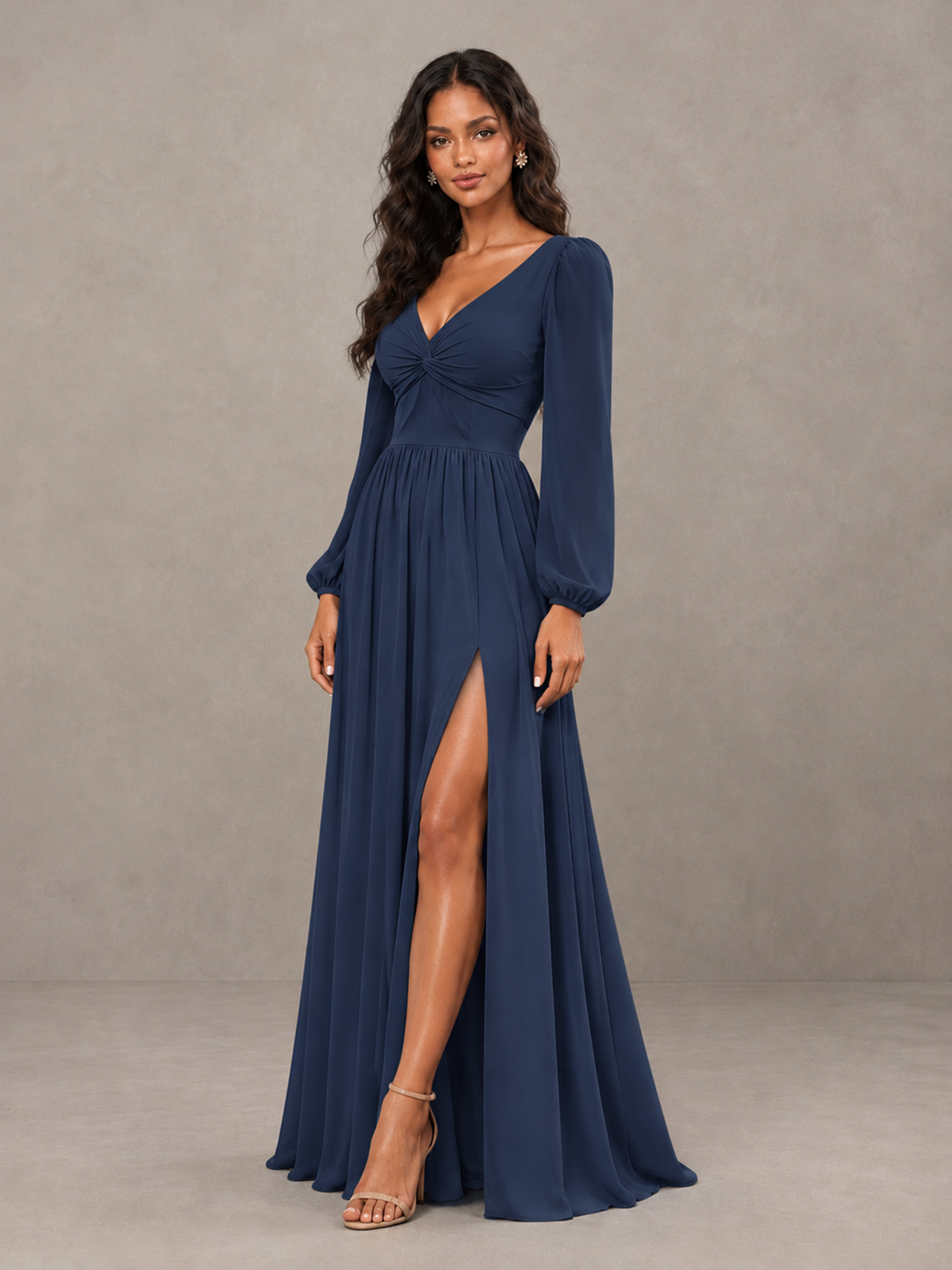 BOLODOO Navy Blue V-Neck Long Sleeve Bridesmaid Dress with Tie Back and Slit - Navy Blue - Navy Blue_3