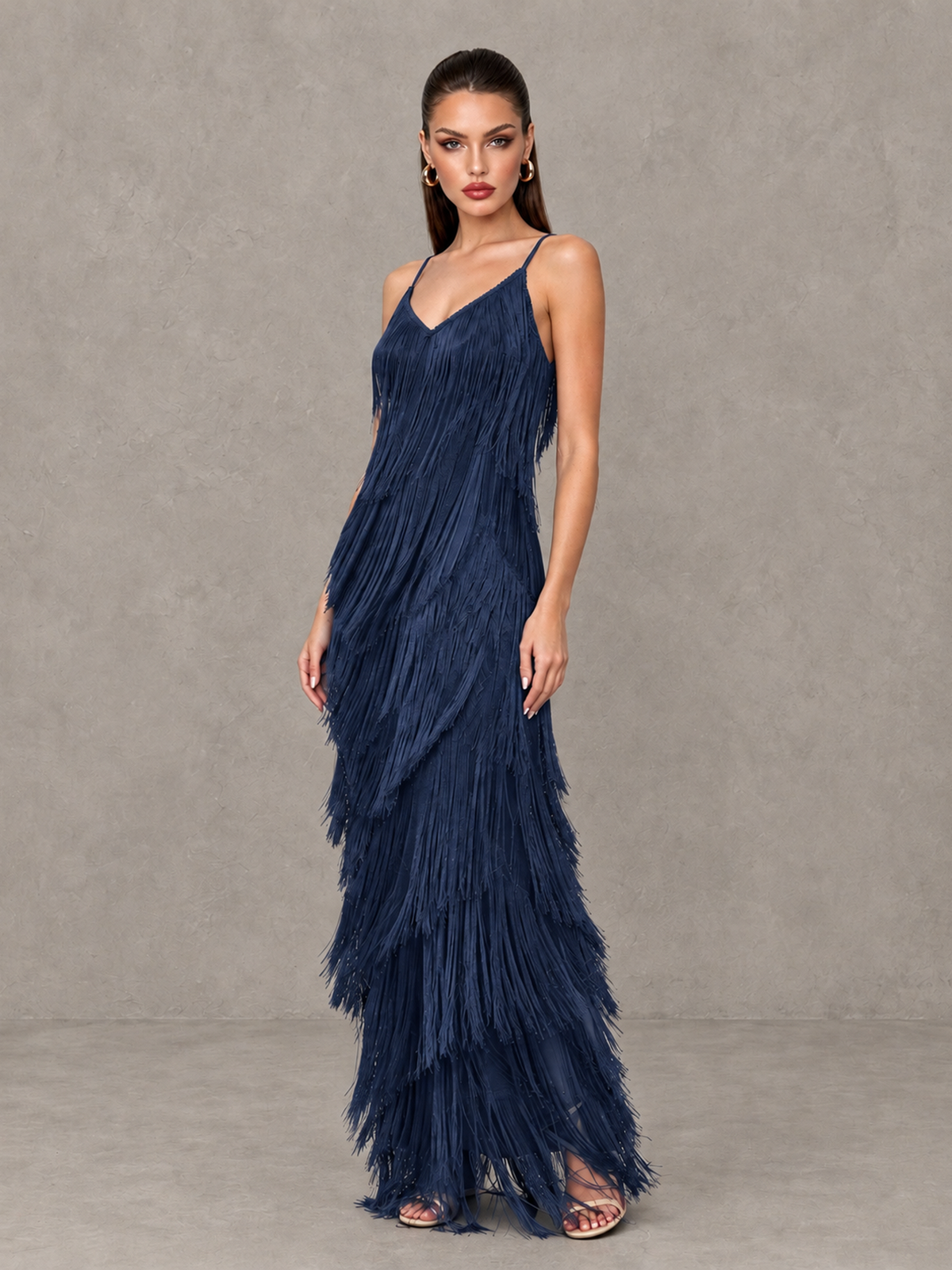 BOLODOO Navy Blue V-Neck Spaghetti Strap Fringe Maxi Evening Dress - Navy Blue - Navy Blue_3