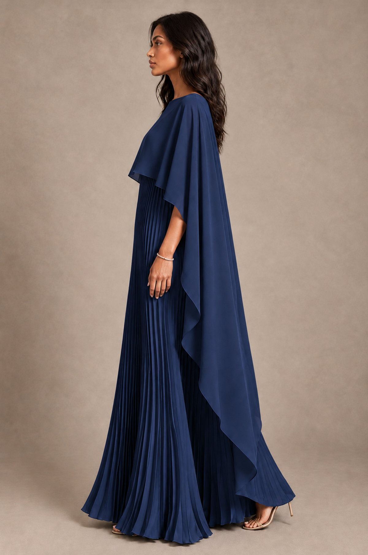 BOLODOO Navy Blue Pleated Cape A-Line Evening Dress - Navy Blue - Navy_Blue_3