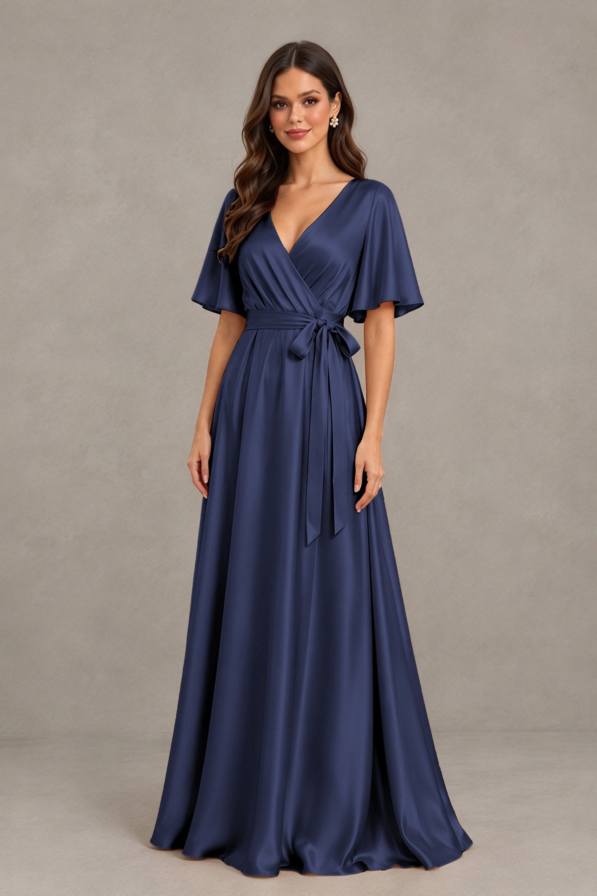 BOLODOO Navy Blue Satin V-Neck Flutter Sleeve Bridesmaid Dress with Slit - Navy Blue - Navy Blue(3)