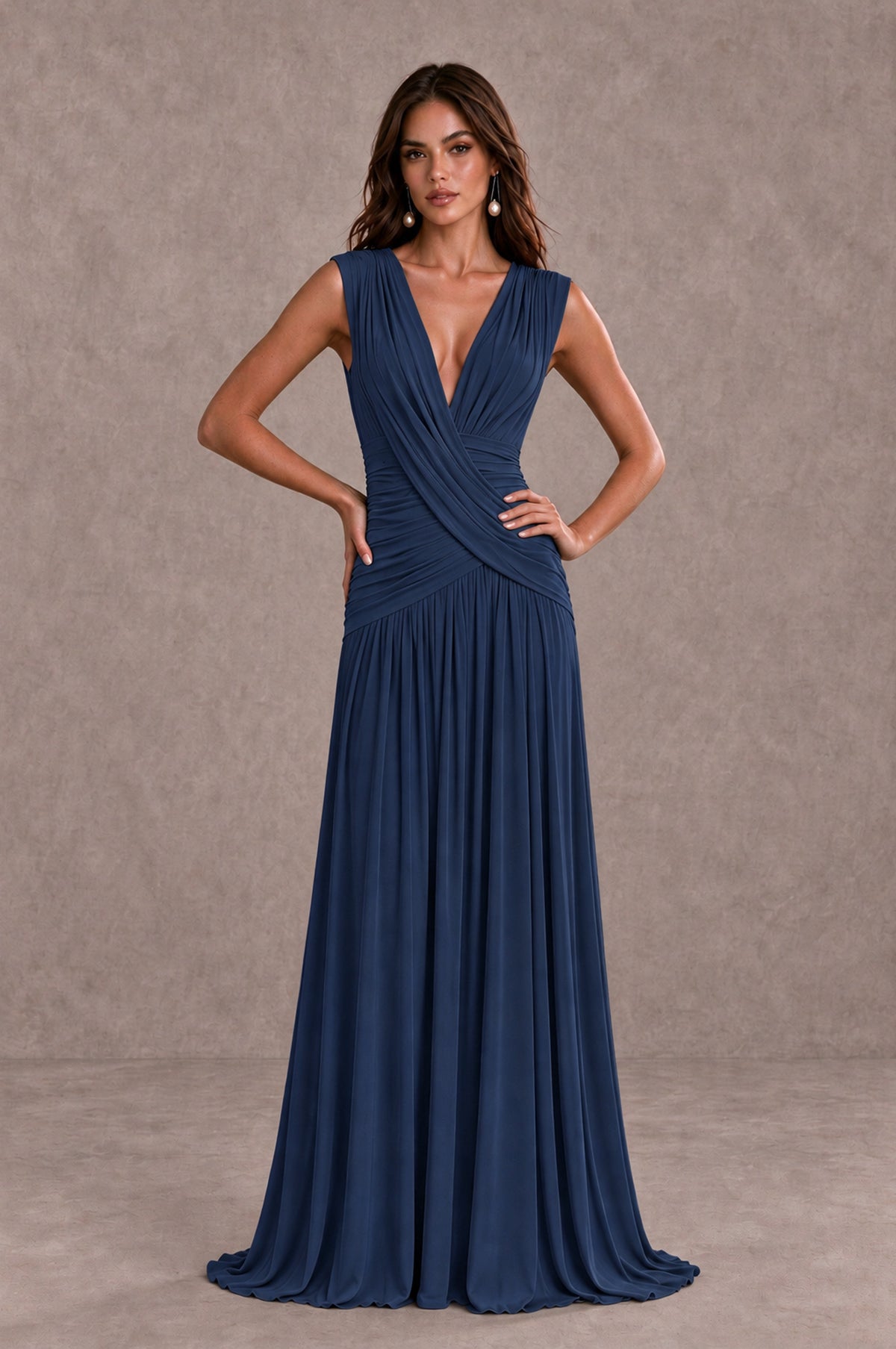 BOLODOO Navy Blue V-Neck Ruched Wedding Guest Dress - Navy Blue - Navy Blue_3