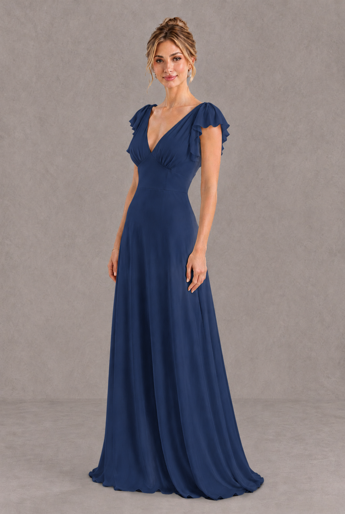 BOLODOO Navy Blue V-Neck Flutter Sleeve A-Line Bridesmaid Dress - Navy Blue - Navy Blue_3
