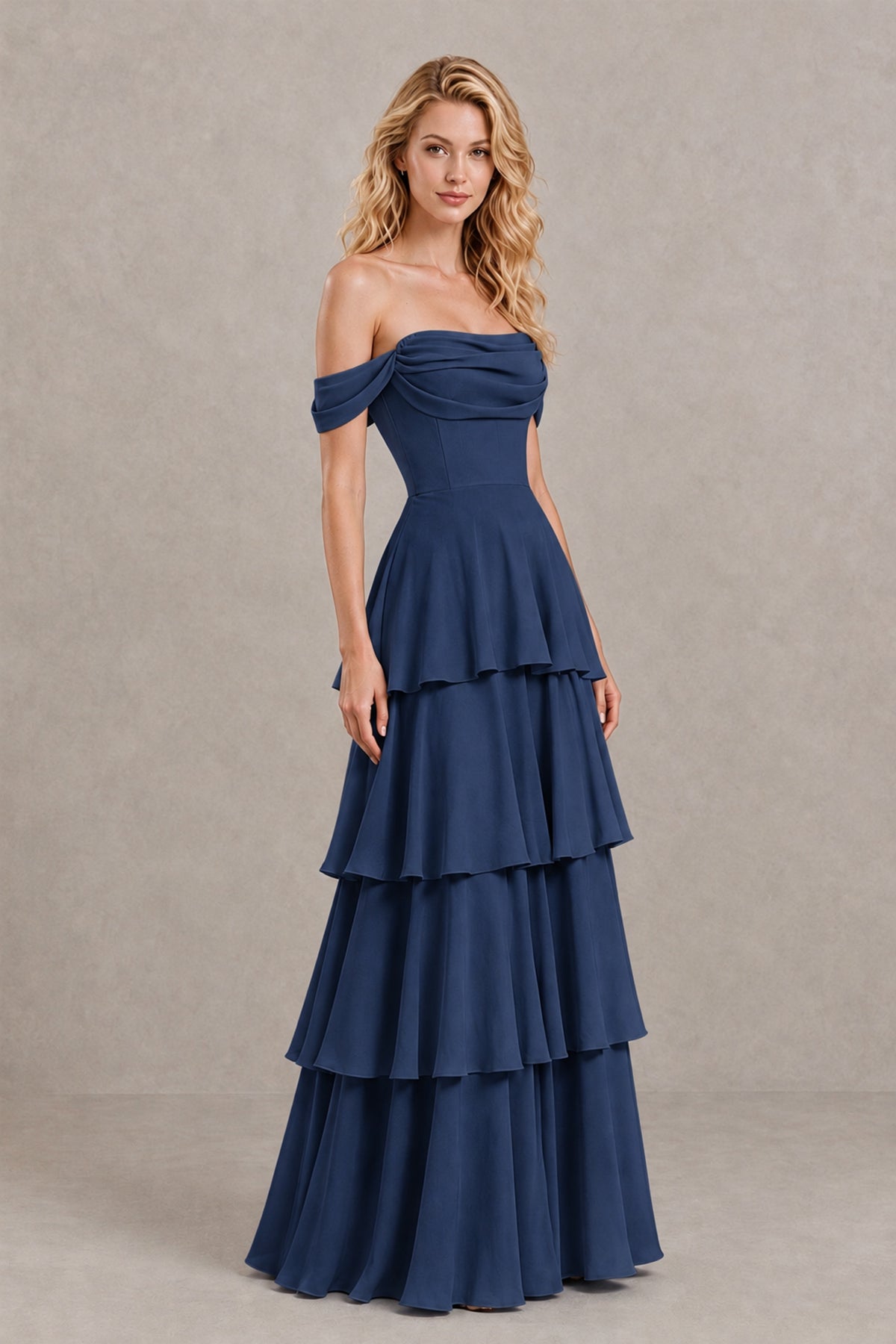 BOLODOO Navy Blue Off-the-Shoulder Tiered A-Line Evening Bridesmaid Dress - Navy Blue - Navy Blue_3