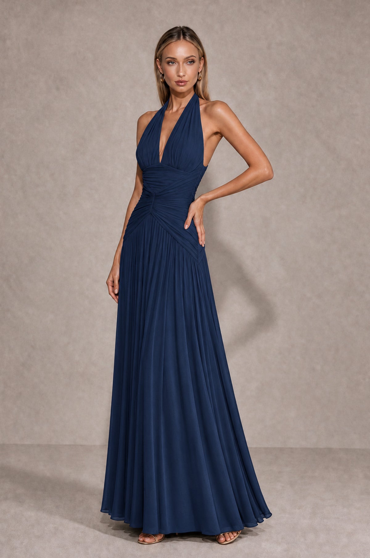 BOLODOO Navy Blue Chiffon Halter Deep V-Neck Ruched A-Line Backless Maxi Dress with Train-BD0167 - Navy Blue - Navy Blue_3