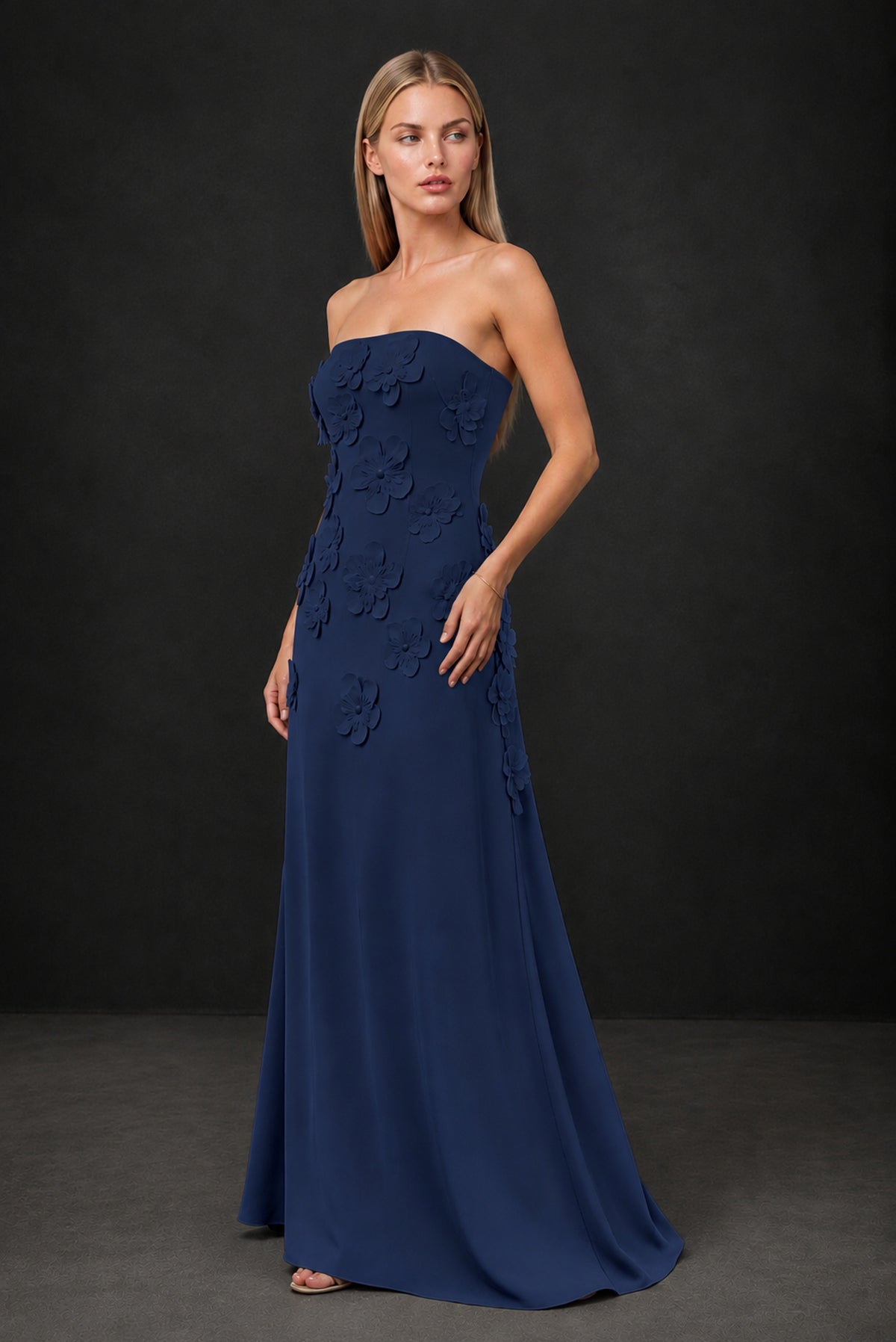 BOLODOO Navy Blue Strapless 3D Floral Appliqué Crepe Maxi Gown - Navy Blue