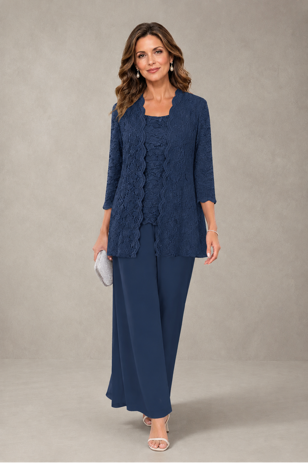 BOLODOO Navy Blue 3-Piece Lace Chiffon Pantsuit – Mother of the Bride Wedding Guest with Jacket - Navy Blue