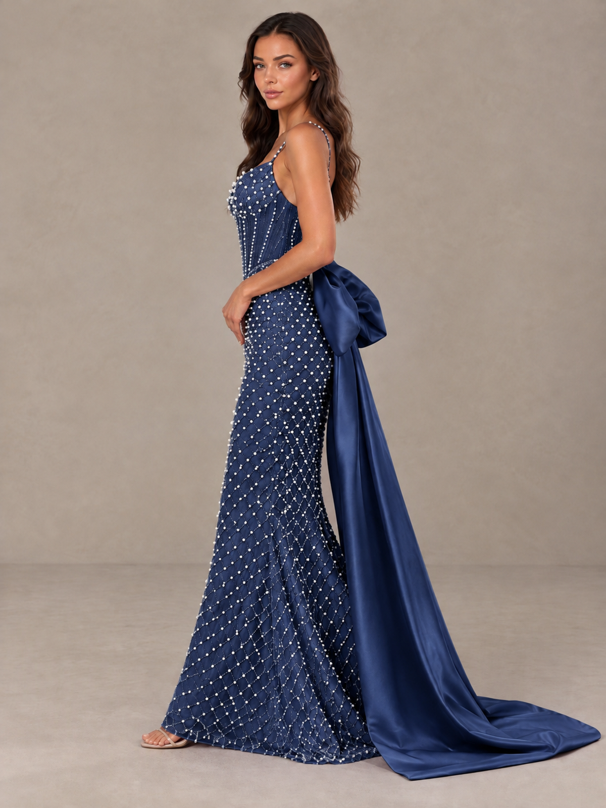 BOLODOO Navy Blue Beaded Corset Prom Dress with Bow Train - Navy Blue - Navy_Blue_3