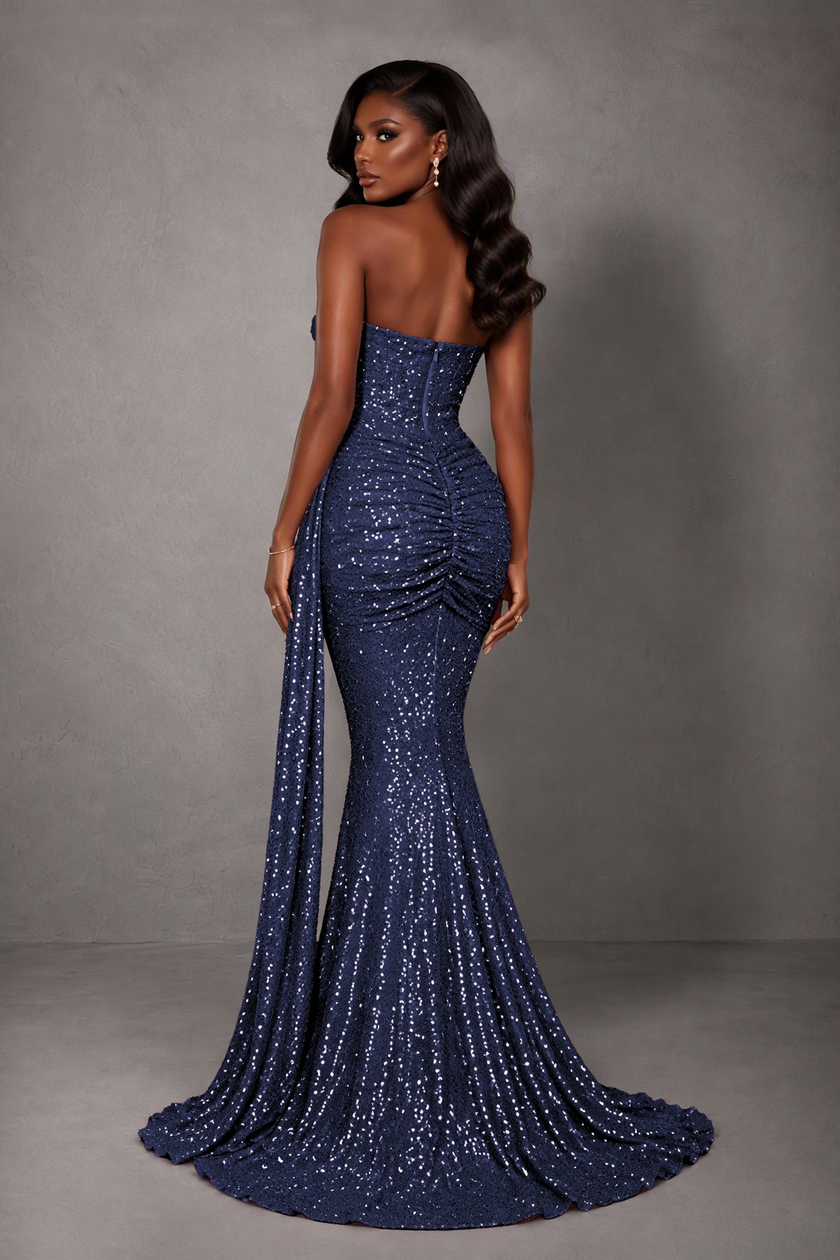 BOLODOO Navy Blue Sequin Strapless Corset Mermaid Evening Gown with Train - Navy Blue