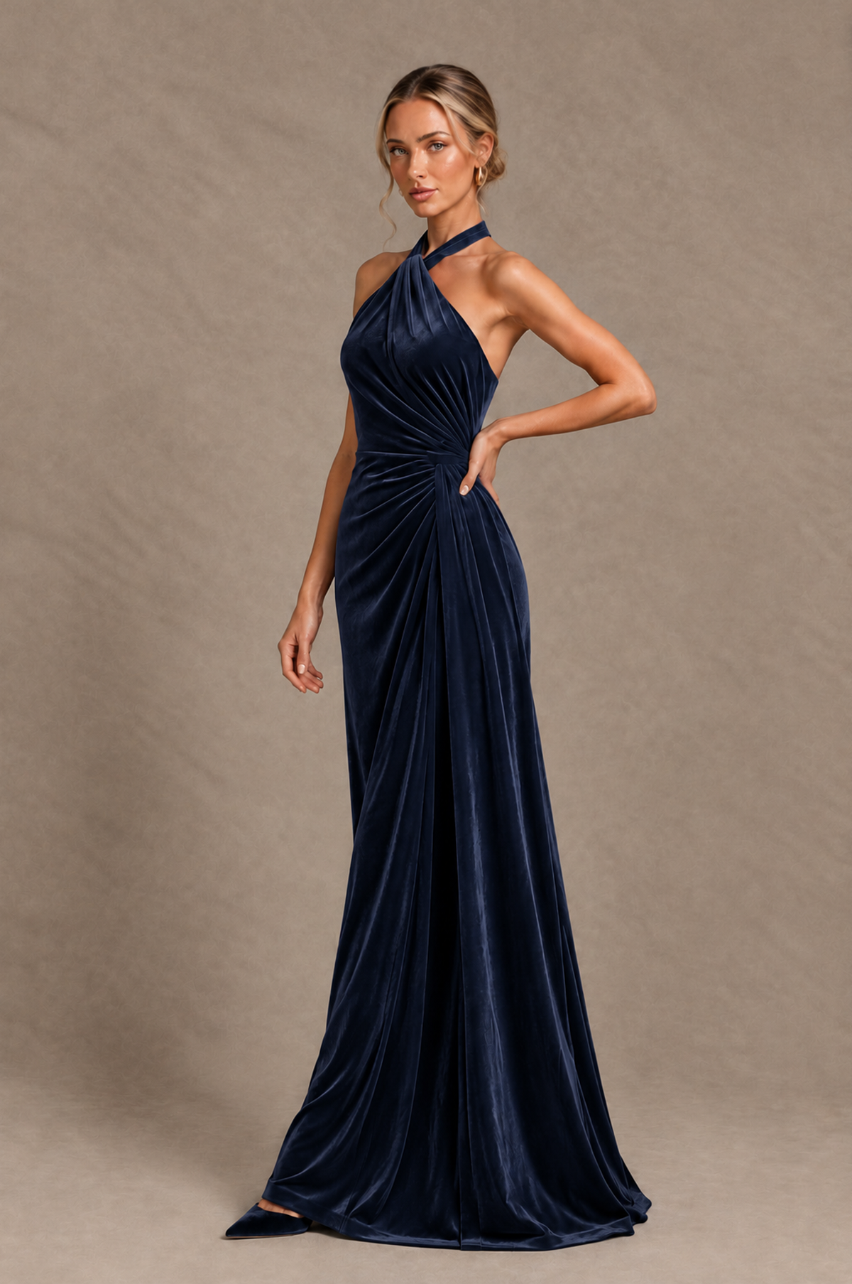 BOLODOO Navy Blue Velvet Halter Open-Back Ruched Evening Dress - Navy Blue - Navy_Blue_3