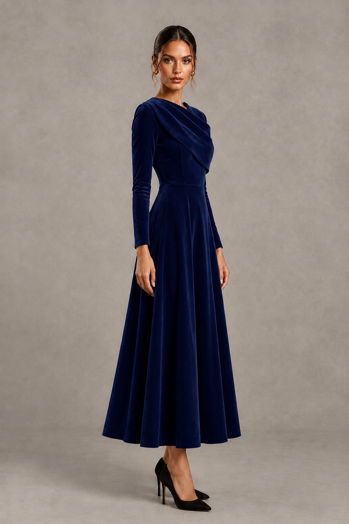 BOLODOO Navy Blue Velvet-Look Long Sleeve Tea-Length A-Line Dress with Draped Neckline - Navy Blue - Navy Blue_3