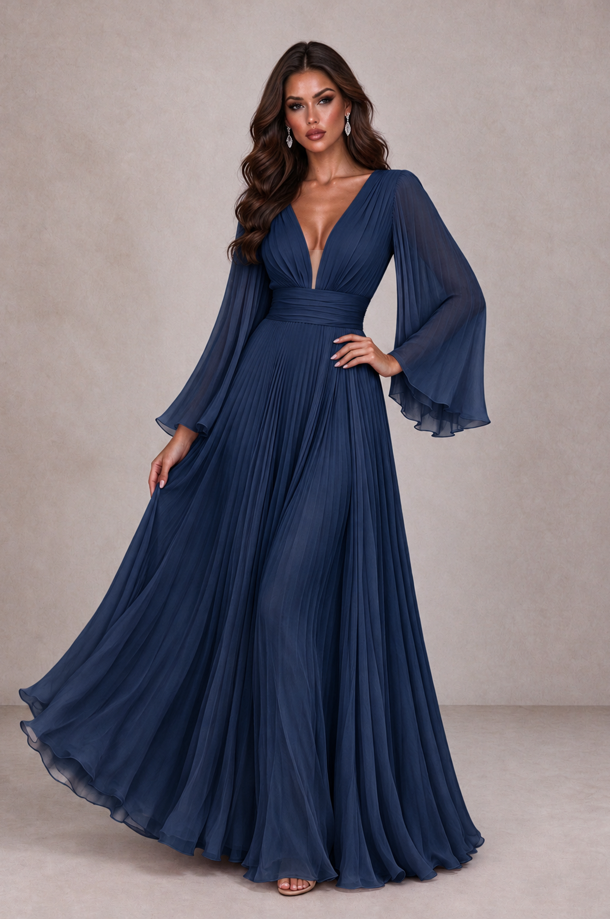 BOLODOO Navy Blue Pleated Deep V-Neck Long Bell Sleeve Evening Dress - Navy Blue - Navy_Blue_3