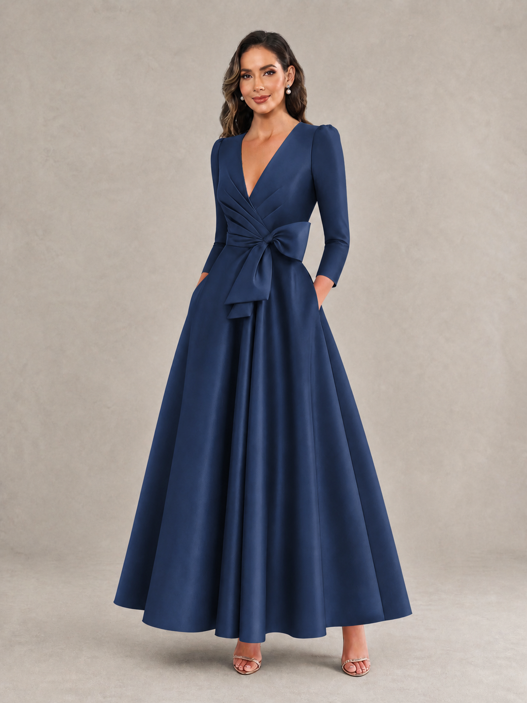 BOLODOO Navy Blue Satin Deep V-Neck Wrap 3/4 Puff Sleeve A-Line Ball Gown Maxi Dress with Oversized Bow Belt - Navy Blue