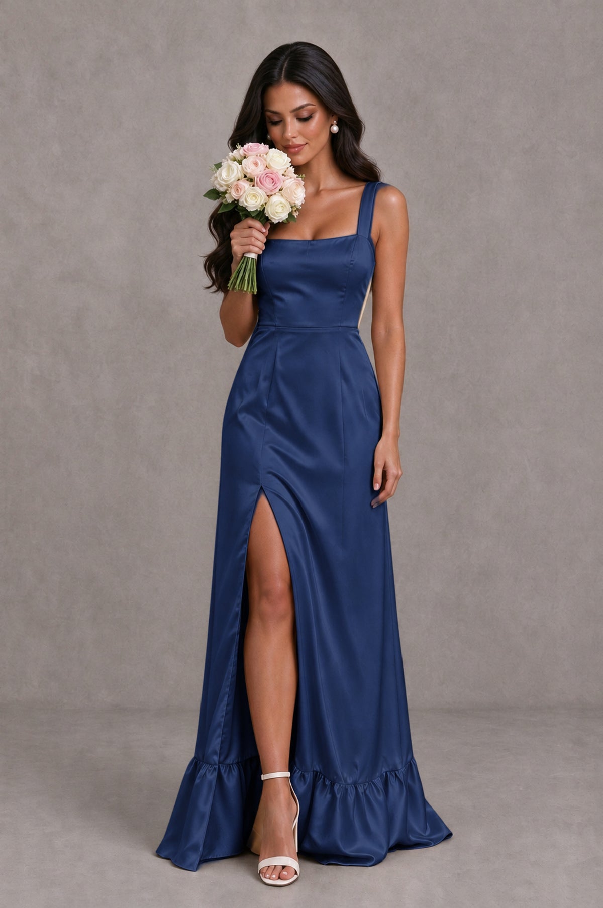 BOLODOO Navy Blue Square Neck Satin Evening Dress with Lace-Up Back and High Slit - Navy Blue - Navy Blue_3