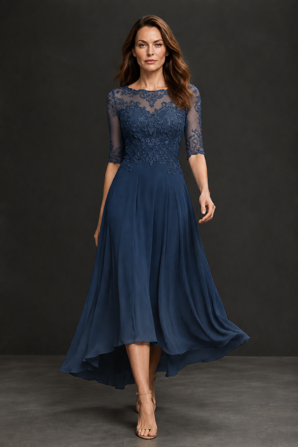 BOLODOO Navy Blue Illusion Lace 3/4 Sleeve Hi-Lo Chiffon A-Line Dress | Mother of the Bride Tea Length Dress - Navy Blue