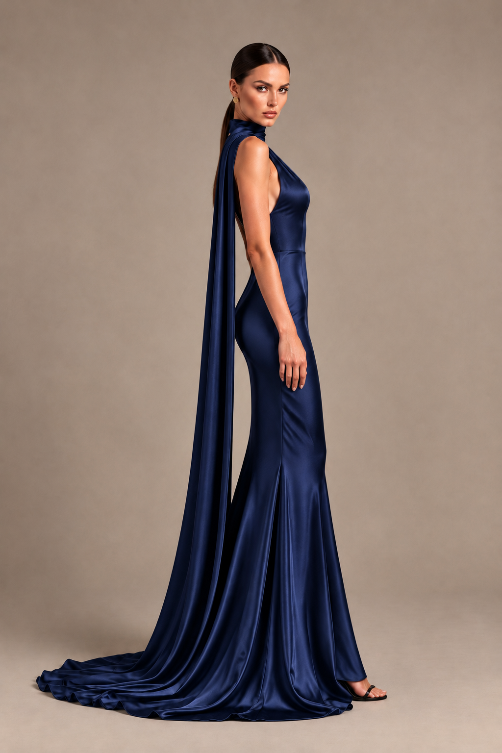 BOLODOO Navy Blue One-Shoulder Satin Mermaid Evening Dress with Scarf - Navy Blue - Navy Blue_3