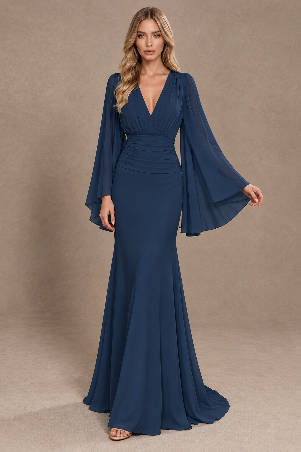 BOLODOO Navy Blue Cape Sleeve V-Neck Ruched Chiffon Evening Dress - Navy Blue - Navy Blue_3