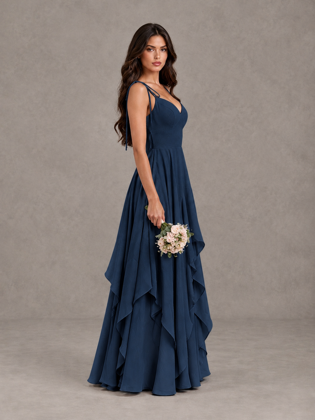BOLODOO Navy Blue Tie-Strap Ruffle A-Line Bridesmaid Dress - Navy Blue - Navy Blue_3