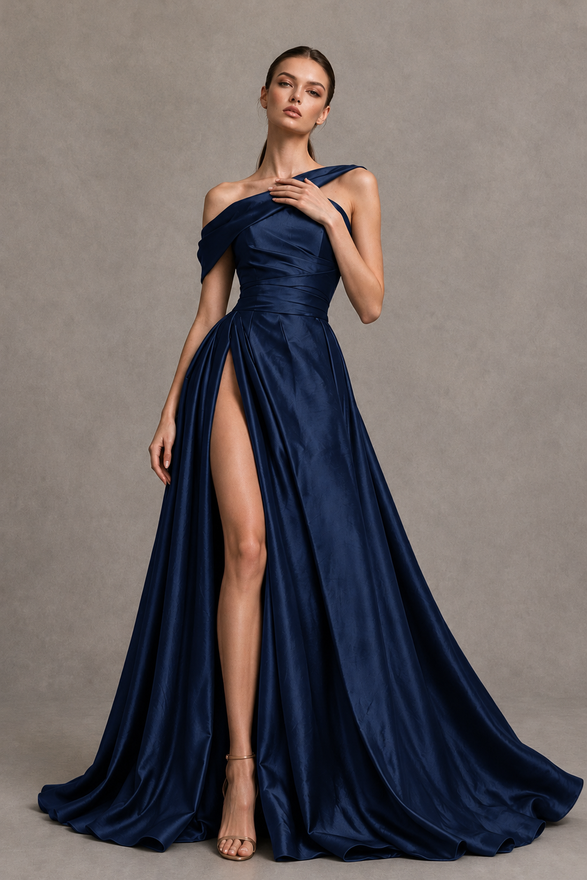 BOLODOO Navy Blue Asymmetric Satin-Look A-Line Prom Dress with High Slit - Navy Blue - Navy Blue_3
