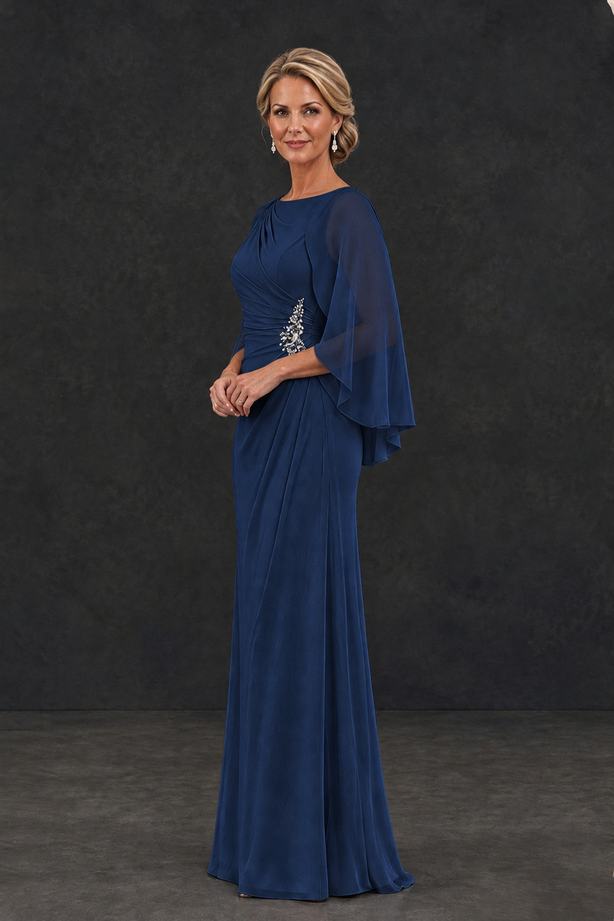 BOLODOO Navy Blue Cape Sleeve Mother of the Bride Dress with Ruched Waist - Navy Blue - Navy Blue_3