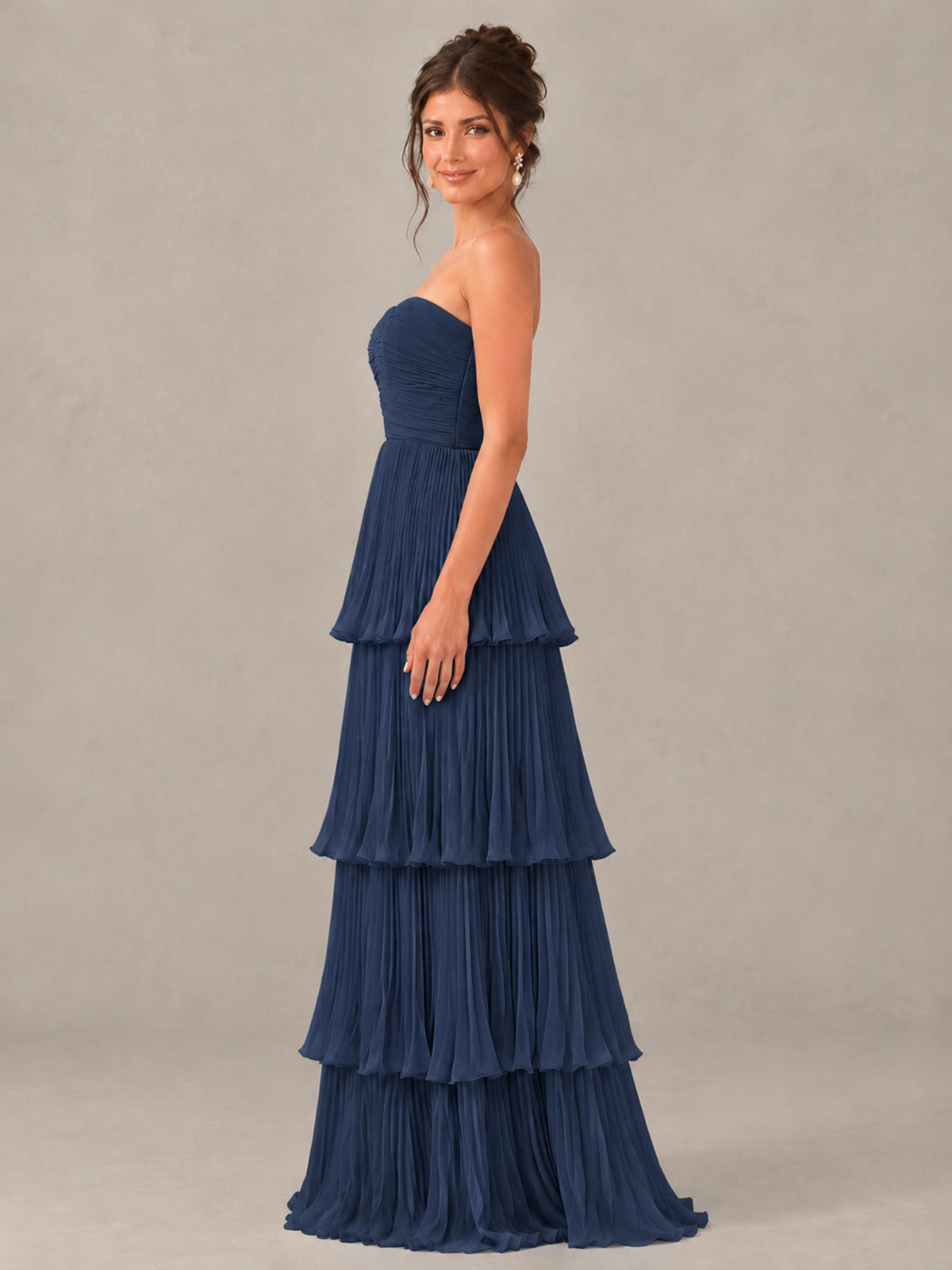 BOLODOO Navy Blue Strapless Tiered Pleated Bridesmaid Dress - Navy Blue - Navy Blue_3