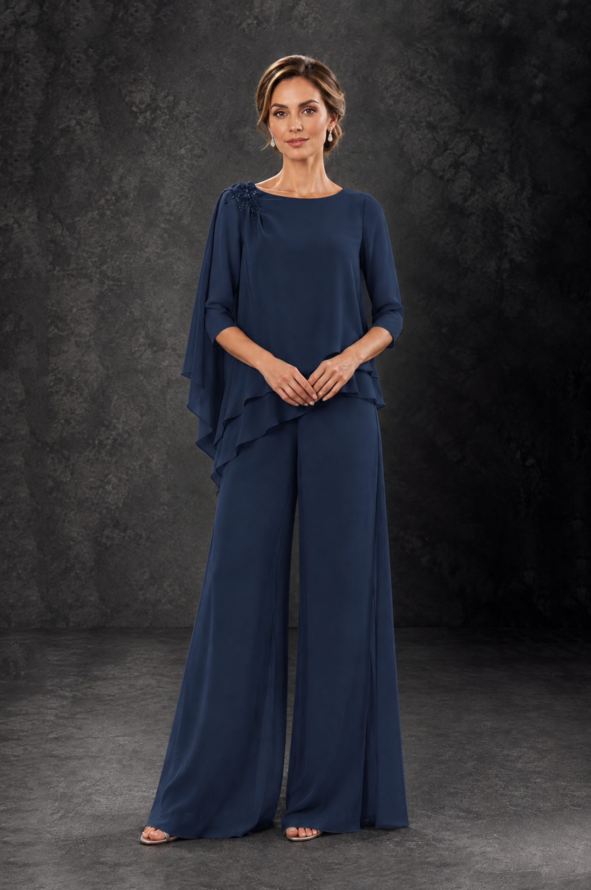 BOLODOO Navy Blue Layered Wide-Leg Mother of the Bride Pant Suit - Navy Blue - Navy Blue_3