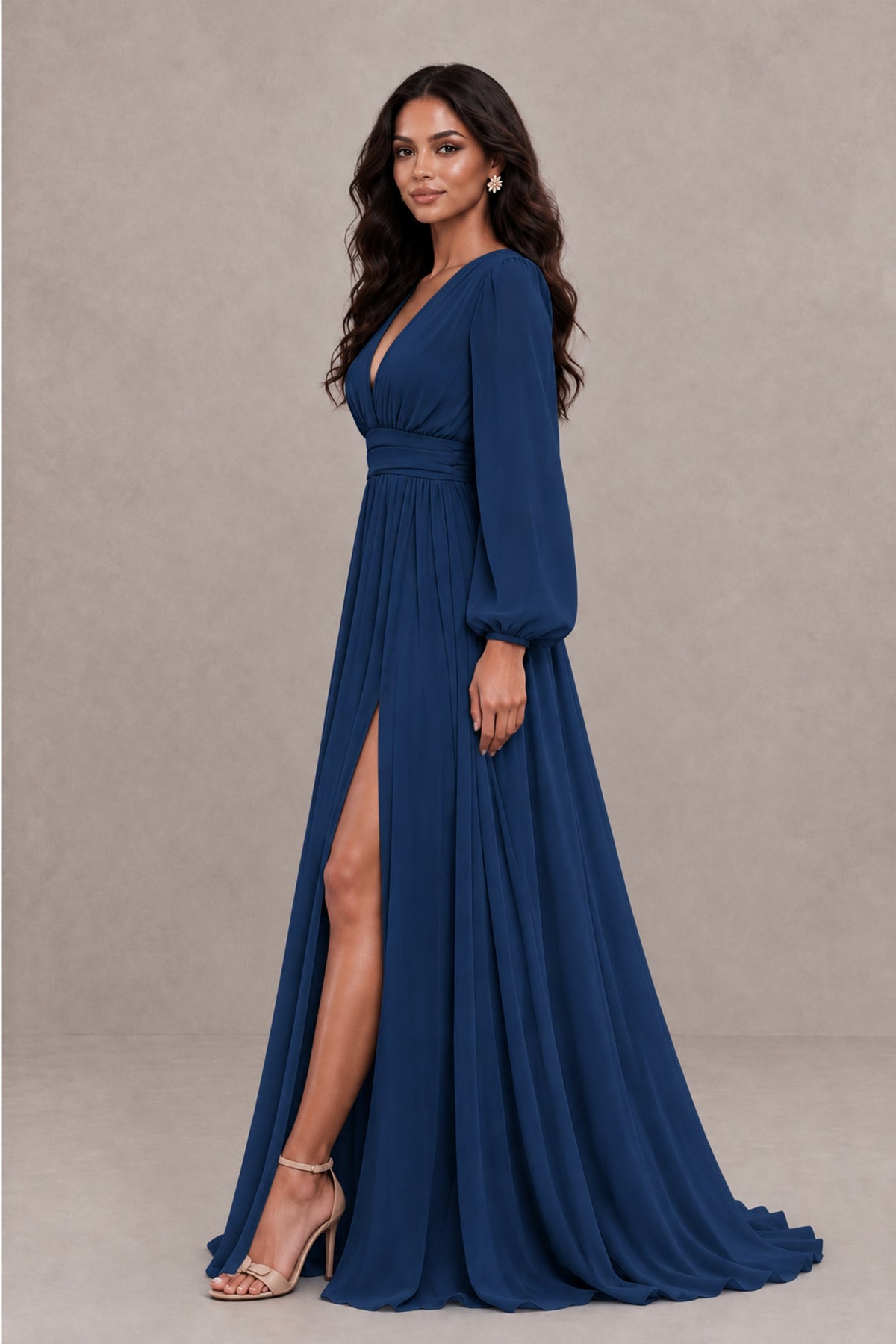 BOLODOO Navy Blue Long Sleeve V-Neck A-Line Gown with Open Back & Slit - Navy Blue - Navy Blue_3