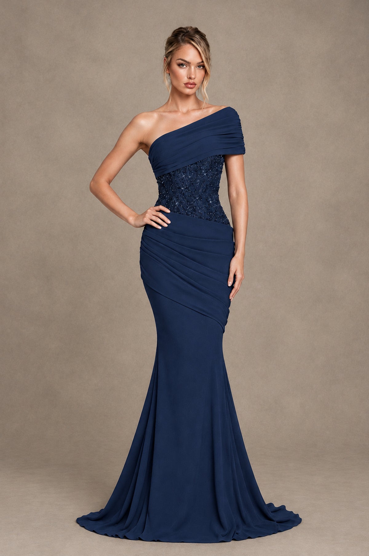 BOLODOO Navy Blue One-Shoulder Sequin Embroidered Ruched Mermaid Gown with Train - Navy Blue - Navy Blue_3
