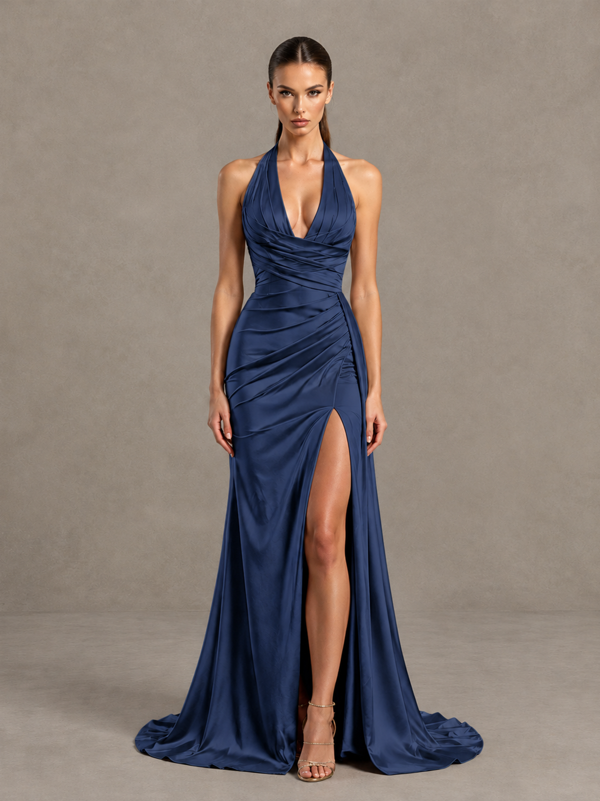 BOLODOO Navy Blue Halter Satin Evening & Prom Dress with High Slit - Navy Blue - Navy Blue_3