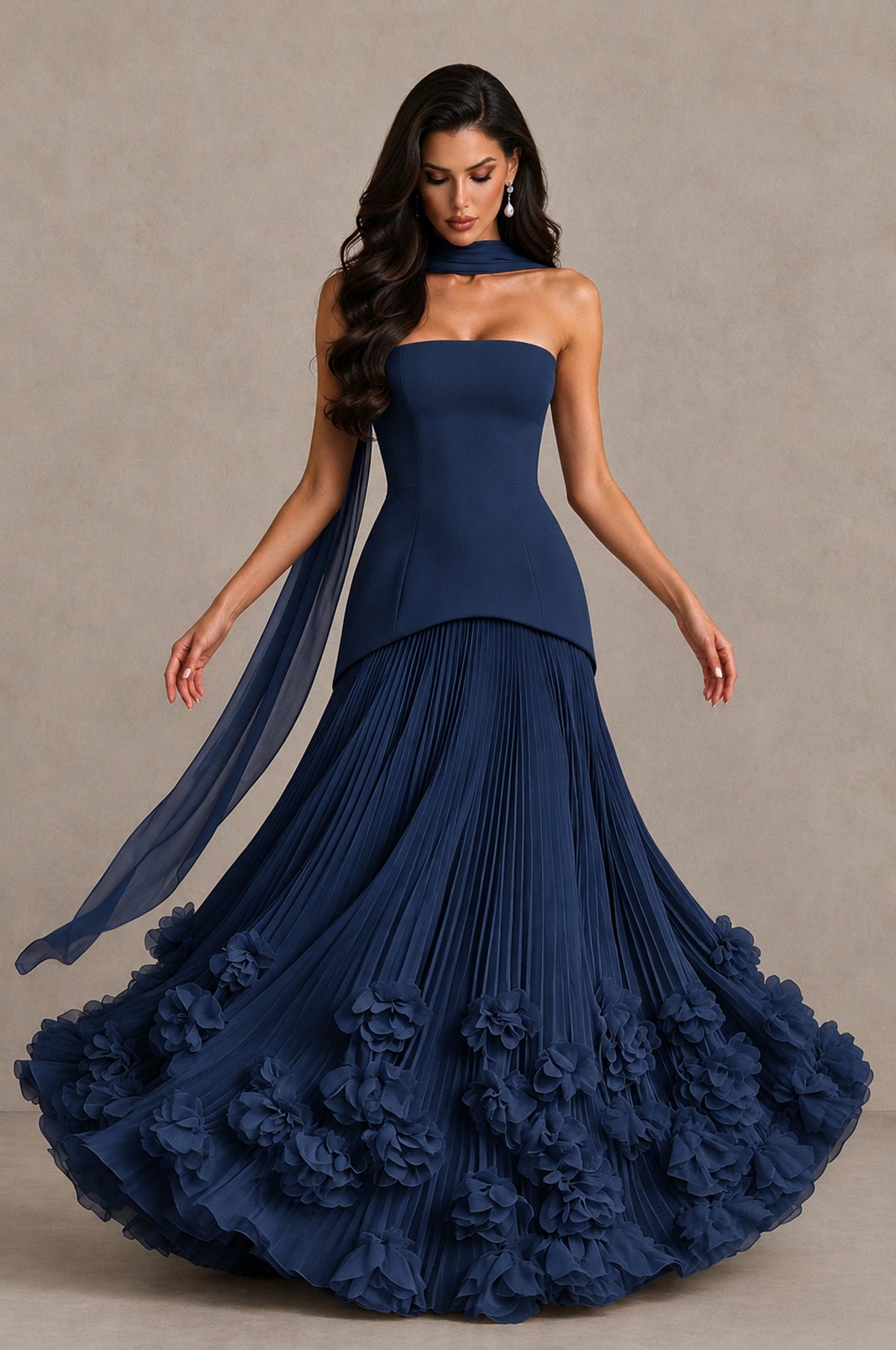 BOLODOO Navy Blue Strapless Pleated Floral Hem Evening Gown - Navy Blue - Navy Blue_3