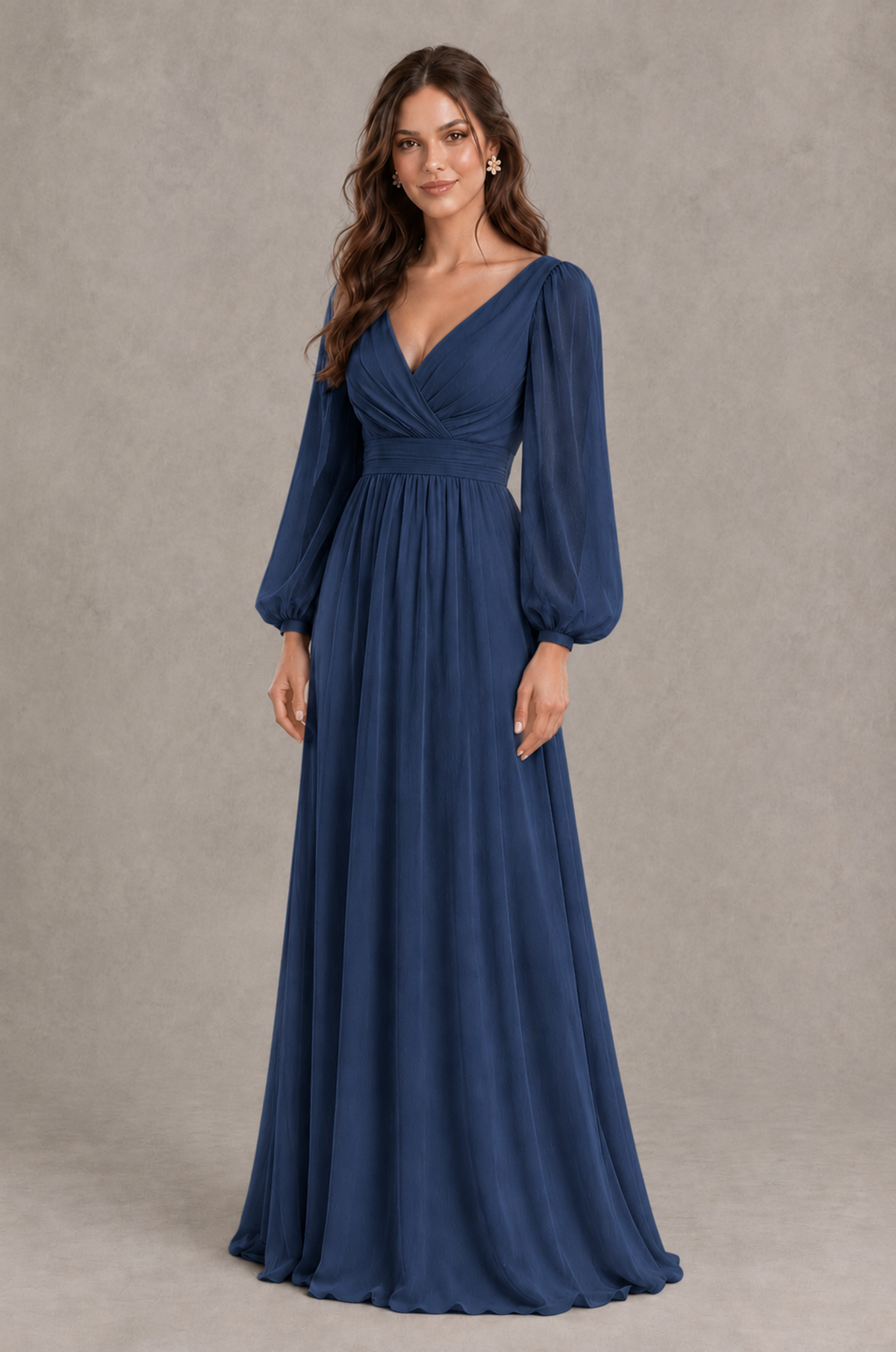 BOLODOO Navy Blue Long Sleeve V-Neck A-Line Bridesmaid Dress - Navy Blue - Navy Blue_3