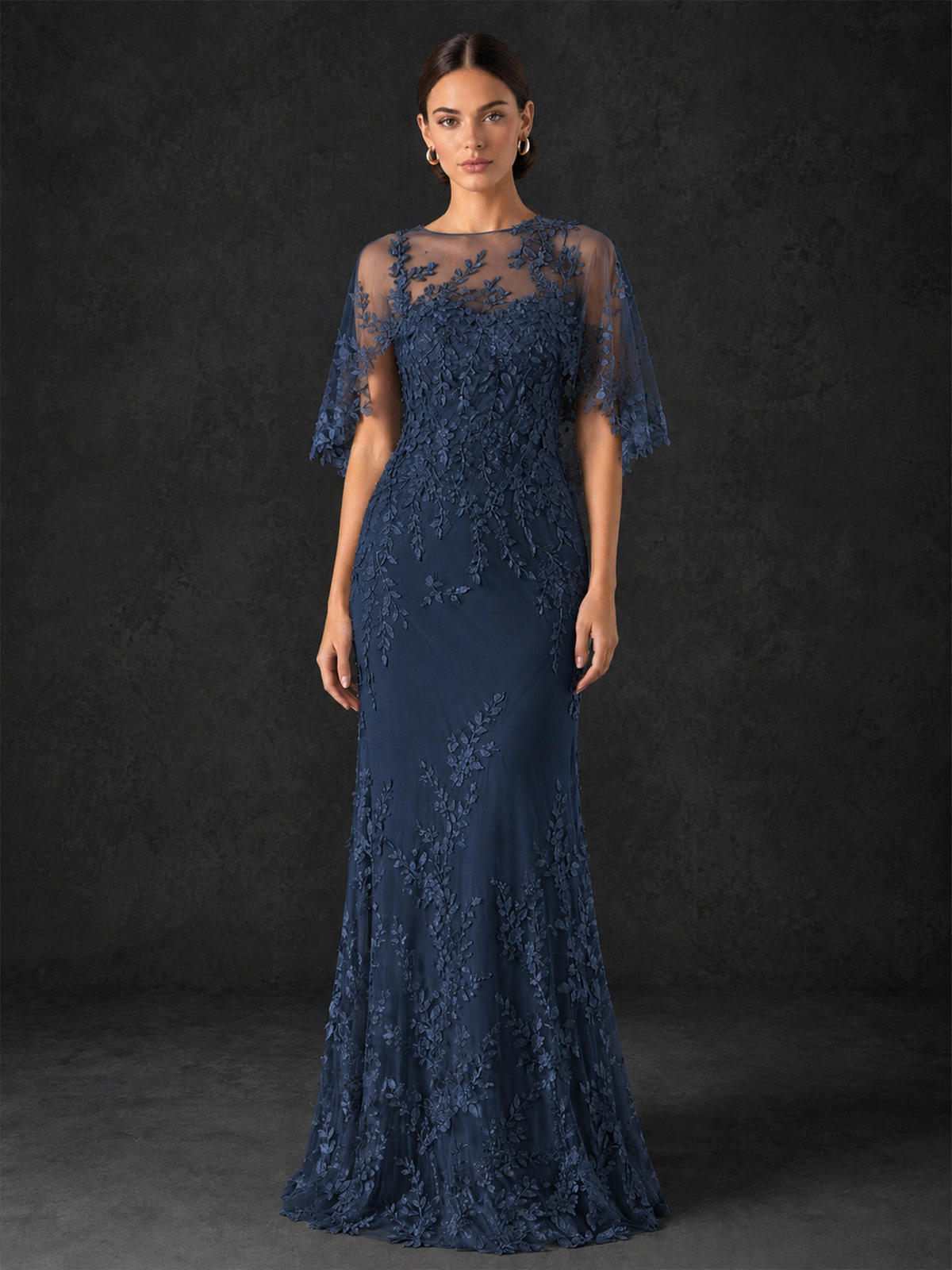 BOLODOO Mocha Navy Blue Botanical Lace Flutter Sleeve Mermaid Gown - Navy Blue