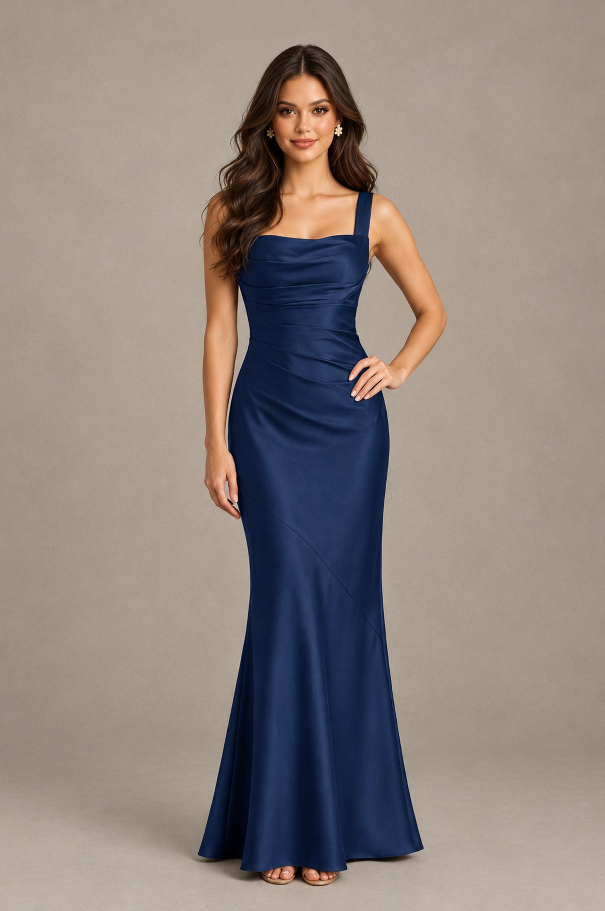 BOLODOO Navy Blue Square Neck Ruched Satin Lace-Up Bridesmaid Dress - Navy Blue - Navy Blue_3