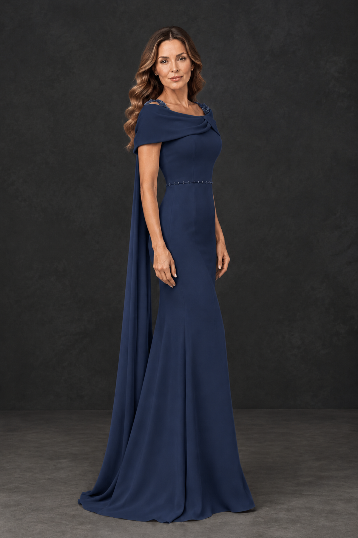 BOLODOO Navy Blue Mother of the Bride Dress with Draped Cape Detail - Navy Blue - Navy_Blue_3