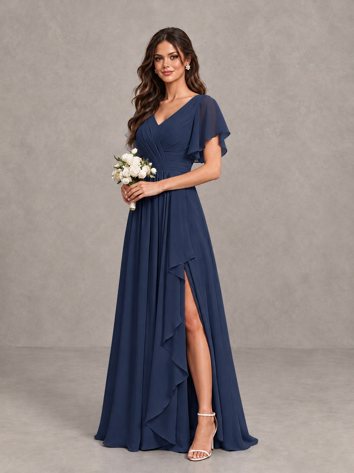 BOLODOO Navy Blue Flutter Sleeve V-Neck Bridesmaid Dress with Ruffle Slit - Navy Blue - Navy Blue_3