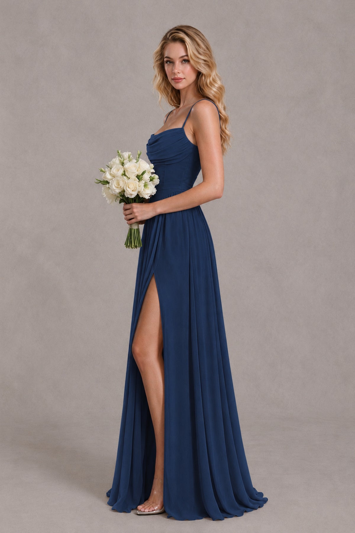 BOLODOO Navy Blue Spaghetti Strap A-Line Bridesmaid Dress with Slit - Navy Blue - Navy Blue_3