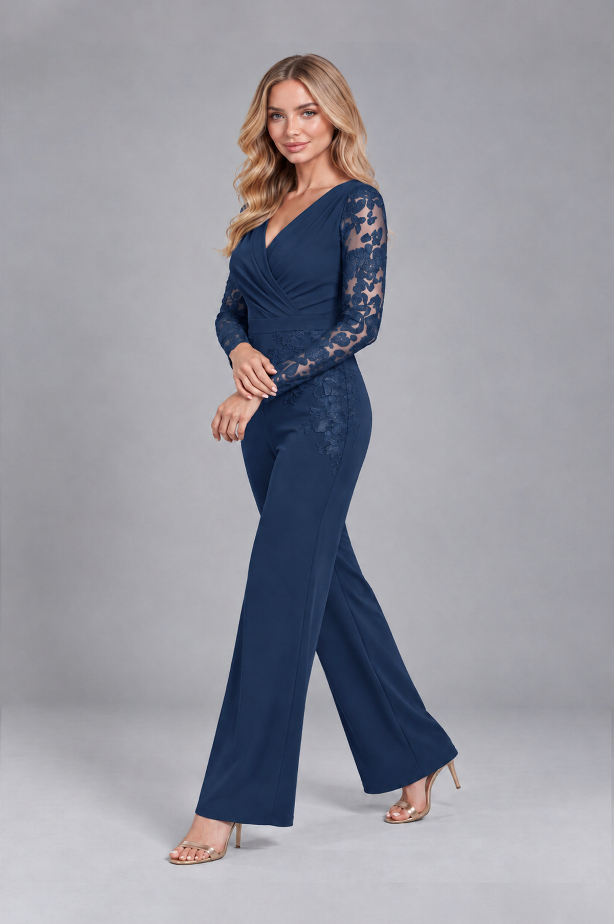 BOLODOO Navy Blue Lace Long-Sleeve V-Neck Mother Pant Suit - Navy Blue - Navy Blue_3