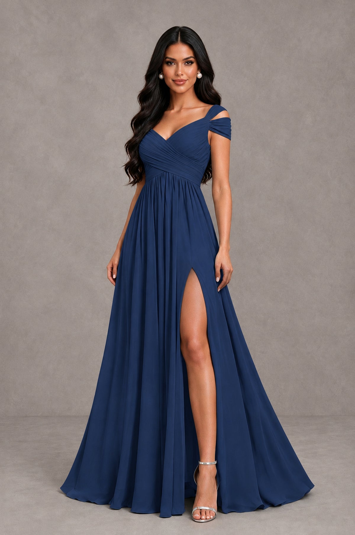 BOLODOO Navy Blue Cold Shoulder Chiffon Evening Dress with V Neck and High Slit - Navy Blue - Navy Blue_3