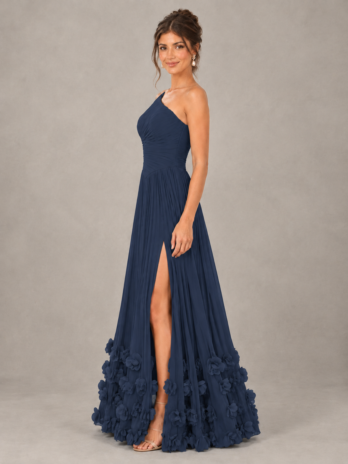 BOLODOO Navy Blue One-Shoulder Pleated Bridesmaid Dress with 3D Floral Hem - Navy Blue - Navy Blue_3