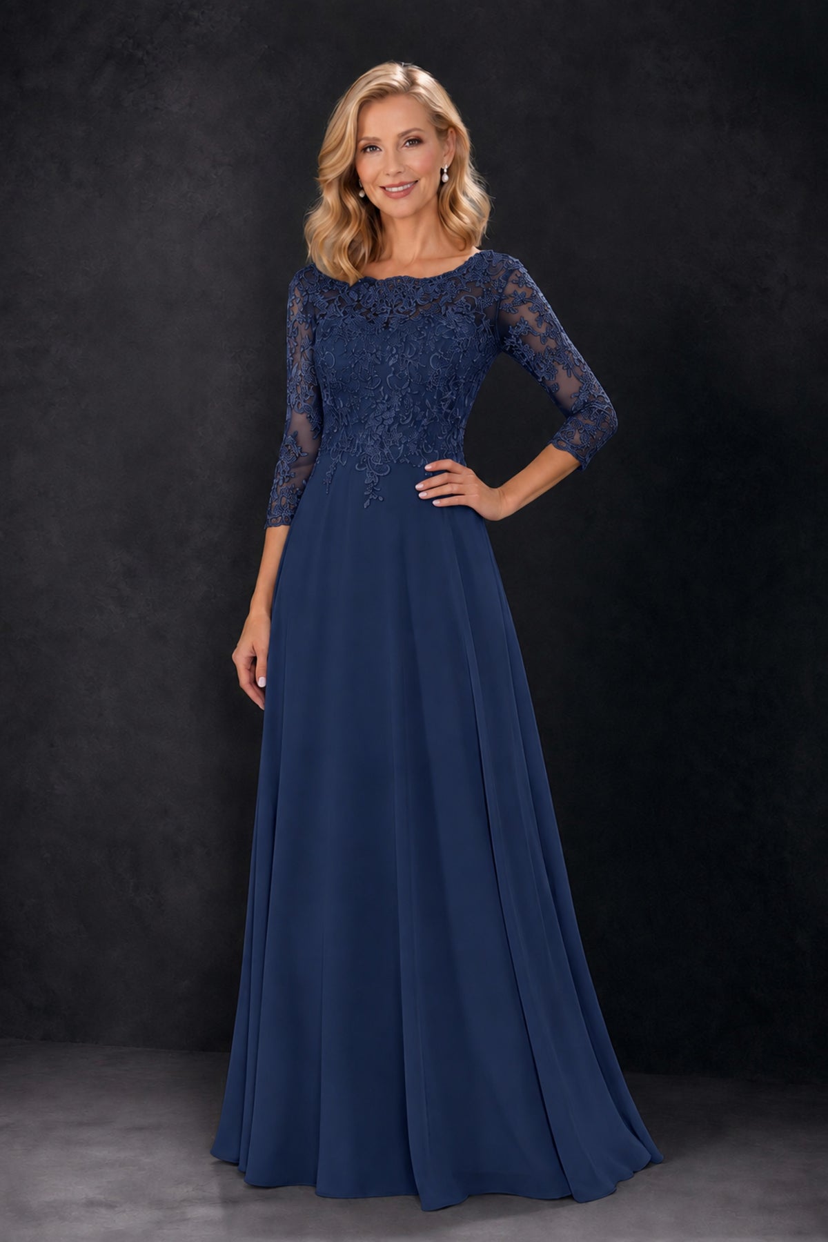 BOLODOO Navy Blue Lace Embroidered Mother of the Bride Dress with 3/4 Sleeves - Navy Blue