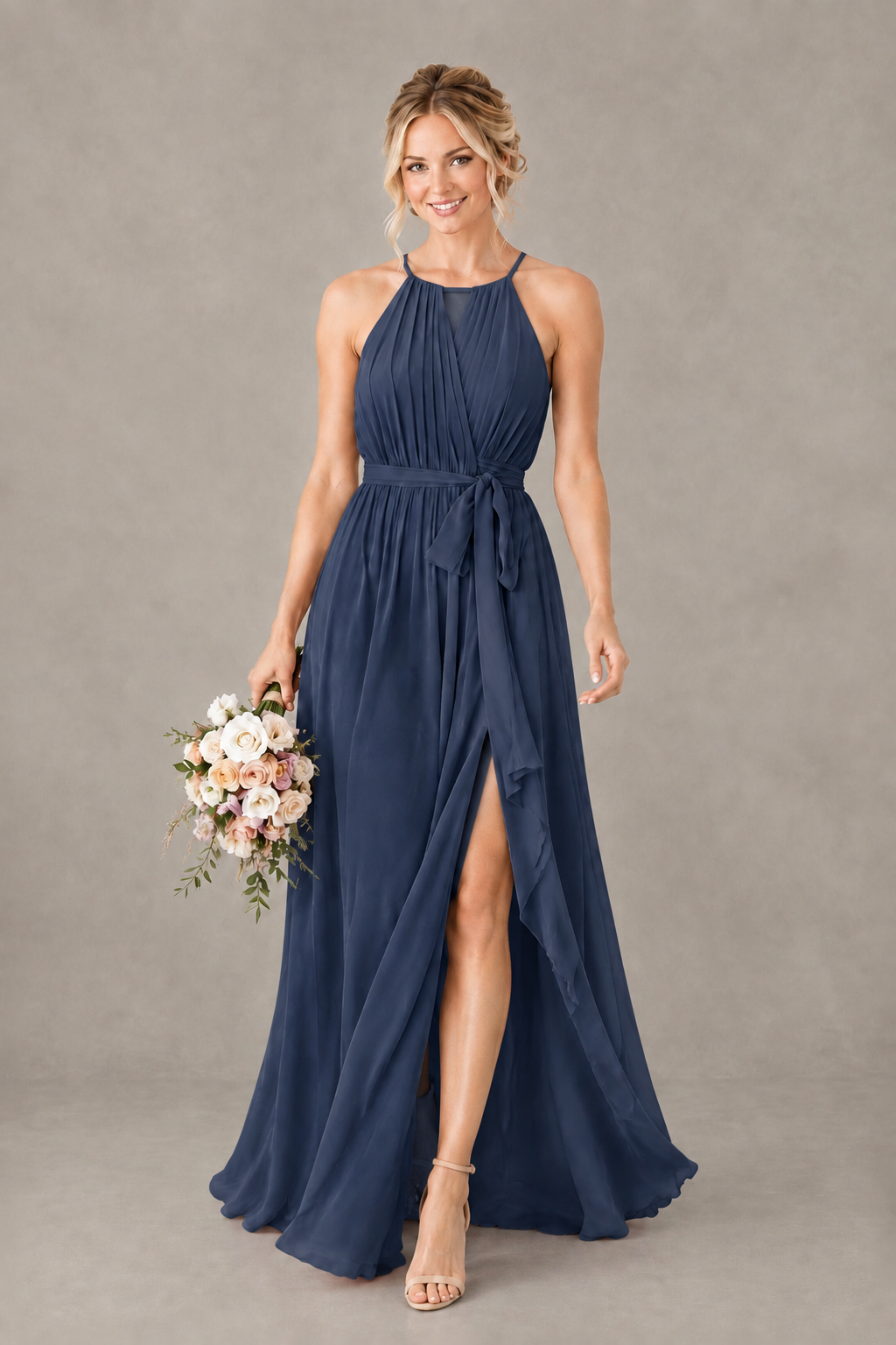 BOLODOO Navy Blue Halter Chiffon Bridesmaid Dress with High Slit - Navy Blue