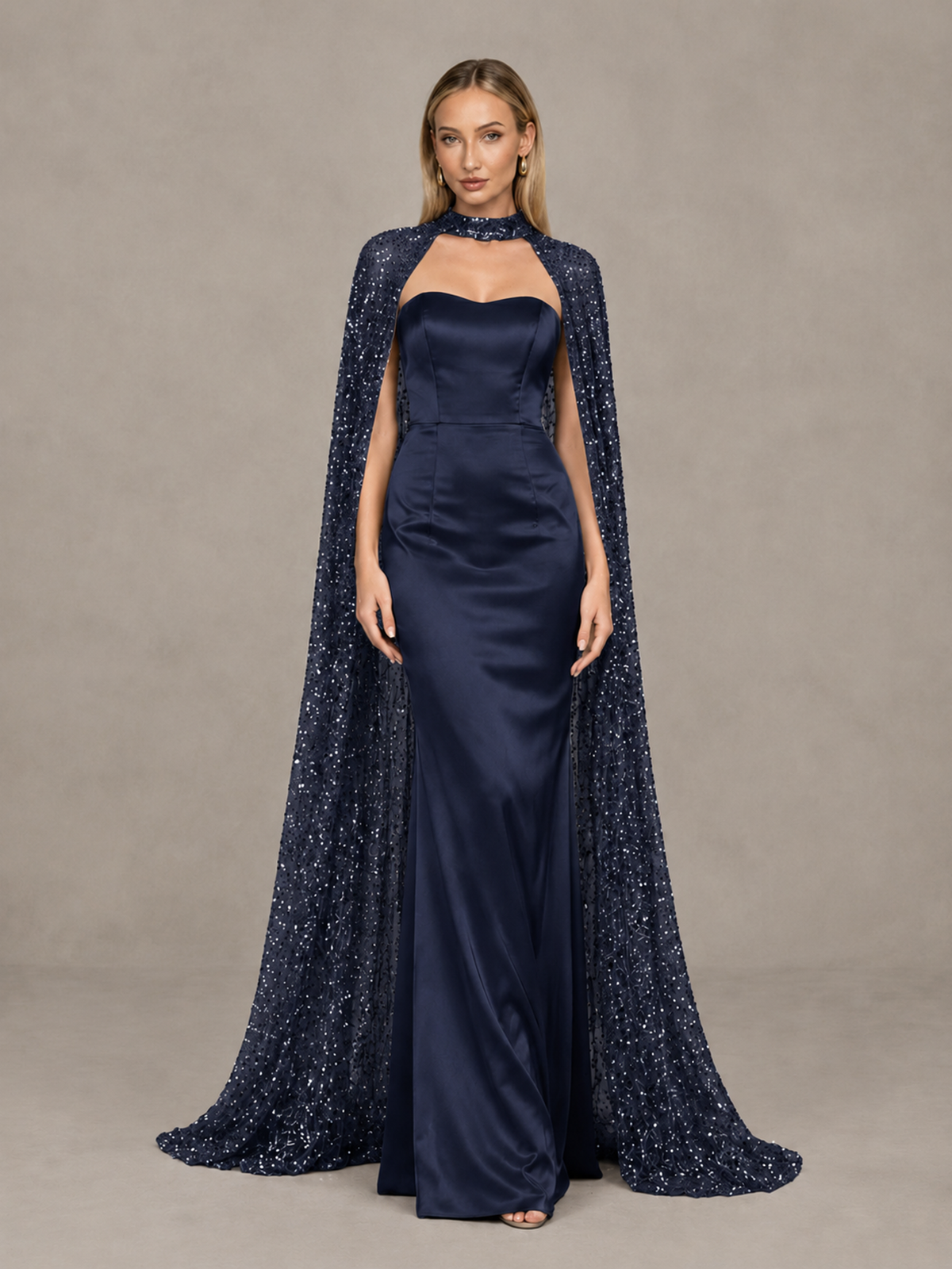 BOLODOO Navy Blue Strapless Satin-Look Evening Gown with Sequin Cape - Navy Blue - Navy_Blue_3