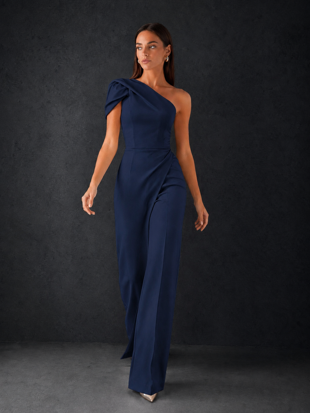 BOLODOO Navy Blue One-Shoulder Puff Sleeve Wide-Leg Jumpsuit with Front Slit and Open Back - Navy Blue